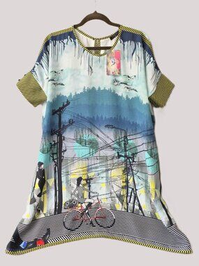 NWT 100% Silk Mini Dress Tunic City Print Graphic Art Oversized  Women's M